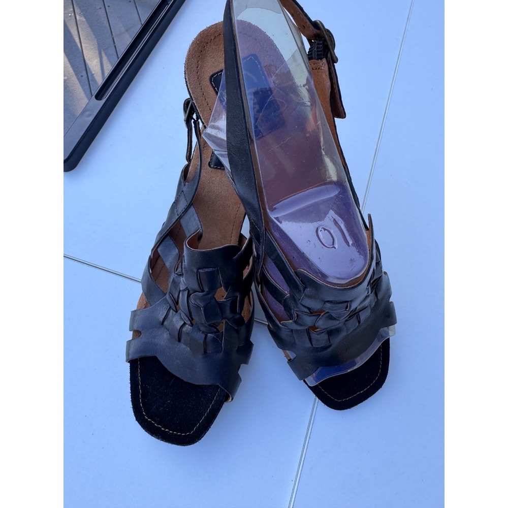 Clarks Artisan Black Leather Woven Heeled‎ Sandals Womens Size 10M